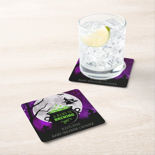 A Baby Is Brewing Halloween Baby Shower Square Paper Coaster (Insitu)