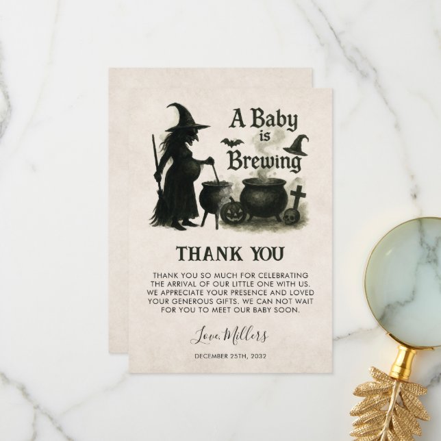 A Baby Is Brewing Halloween Baby Shower Thank You Card (Front/Back In Situ)