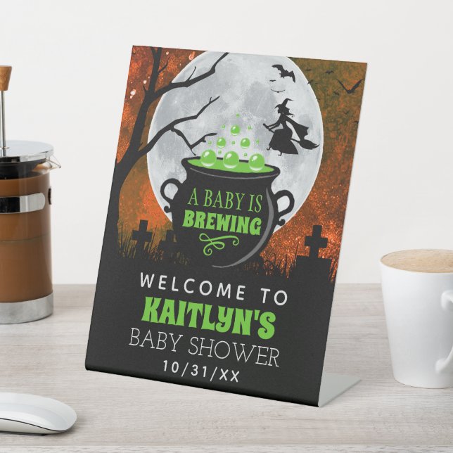 A Baby Is Brewing Halloween Baby Shower Welcome Pedestal Sign (In SItu)