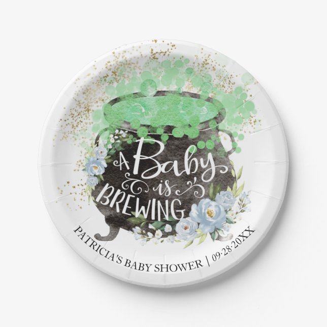 A Baby Is Brewing Halloween Boy Baby Shower Paper Plate (Front)