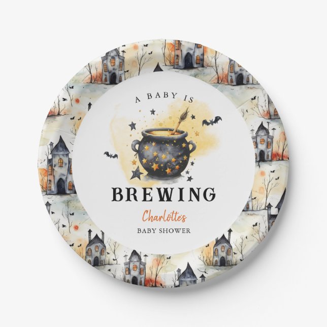 A Baby is Brewing Halloween Cauldron Baby Shower Paper Plate (Front)