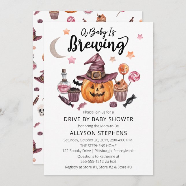 A Baby Is Brewing Halloween Drive By Shower Invitation (Front/Back)