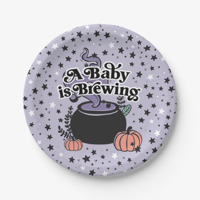 A Baby is Brewing Halloween Paper Plates  (Front)