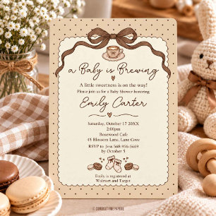 A Baby is Brewing Hand Doodle Coffee Coquette Bow Invitation