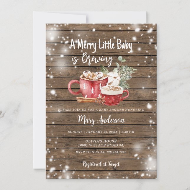 A Baby is Brewing Hot Chocolate Wood Baby Shower Invitation (Front)