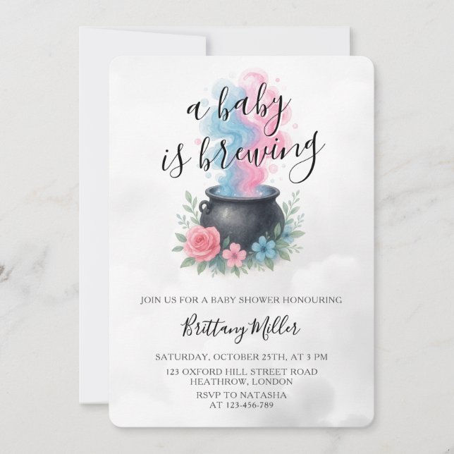 A Baby Is Brewing Pink and Blue Cauldron Invitation (Front)