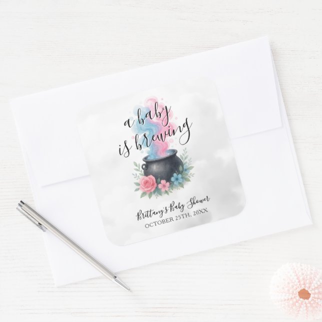 A Baby Is Brewing Pink and Blue Cauldron Square Sticker (Envelope)