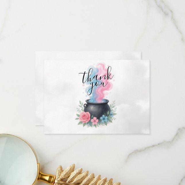 A Baby Is Brewing Pink and Blue Cauldron Thank You Card (Front/Back In Situ)