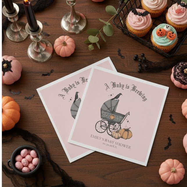 A Baby is Brewing Pink Baby Shower Napkin (Pink Gothic Girl Baby Shower Napkins. Spooky Victorian Baby Carriage, Orange Pumpkins, Black Raven)