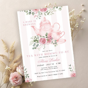 A baby is brewing pink floral tea baby shower invitation