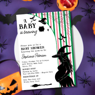 A Baby is Brewing Pink Green Halloween Baby Shower Invitation
