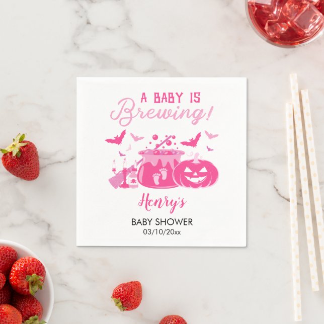 A Baby Is Brewing Pink Halloween Baby Shower, Girl Napkin (Insitu)