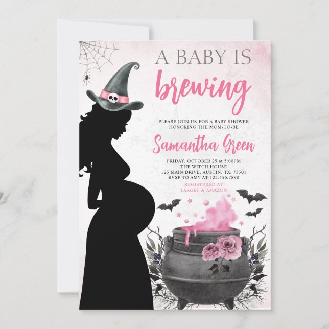 A Baby is Brewing Pink Halloween Baby Shower Invitation (Front)