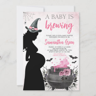 A Baby is Brewing Pink Halloween Baby Shower Invitation
