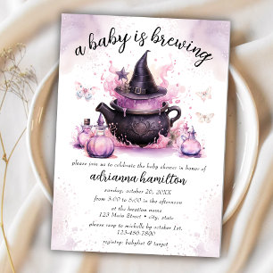 A Baby Is Brewing Pink Halloween Baby Shower Invitation