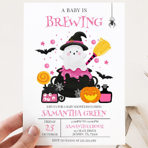 A Baby is Brewing Pink Halloween Baby Shower Invitation