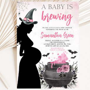 A Baby is Brewing Pink Halloween Baby Shower Invitation
