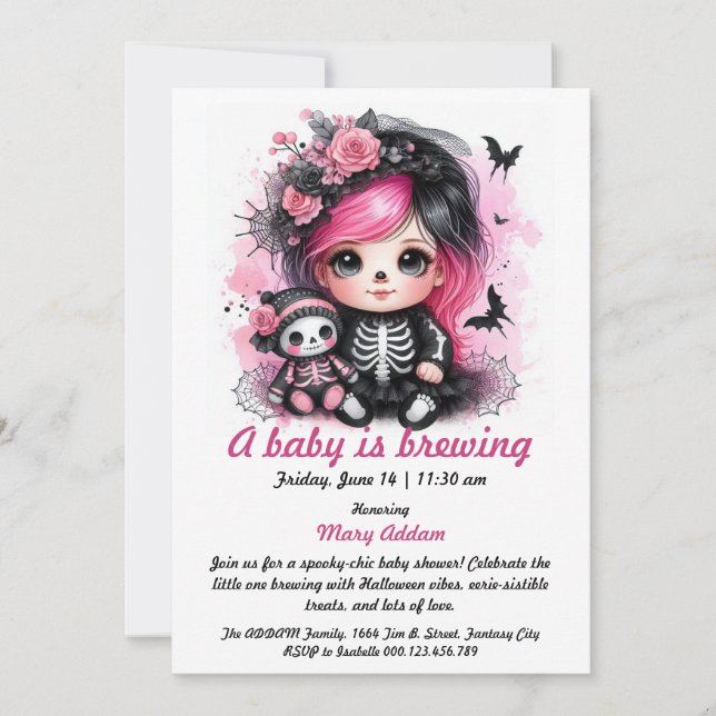 A Baby is Brewing Pink Halloween Baby Shower Invitation (Front)