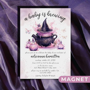 A Baby Is Brewing Pink Halloween Baby Shower Magnetic Invitation
