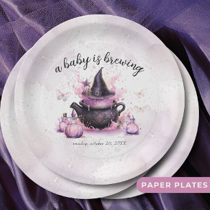A Baby Is Brewing Pink Halloween Baby Shower Paper Plate