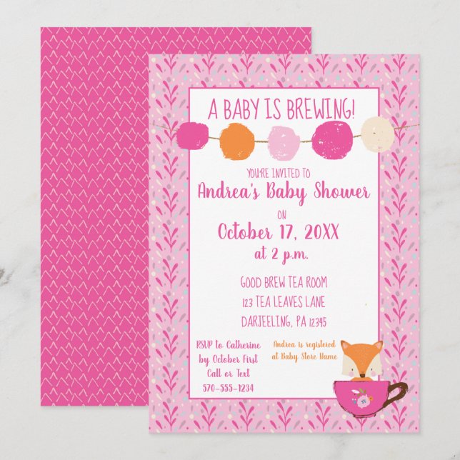 A Baby is Brewing Pink Teacup Baby Girl Shower Invitation (Front/Back)
