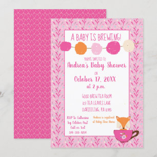 A Baby is Brewing Pink Teacup Baby Girl Shower Invitation