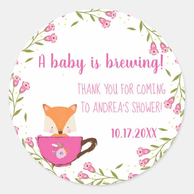 A Baby is Brewing Pink Teacup Girl Shower Classic Round Sticker (Front)