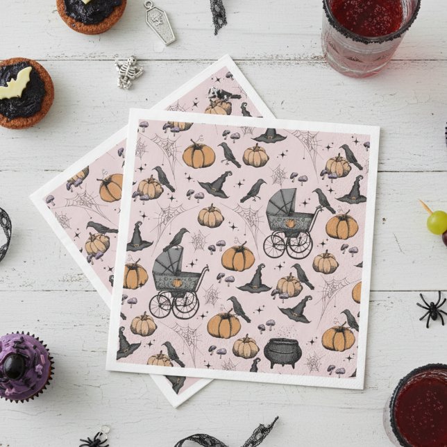 A Baby is Brewing Pink Victorian Baby Carriage Napkin (Pink Gothic Halloween Baby Shower Paper Napkins. Vintage Baby Carriage, Black Raven, Pumpkin & Web)