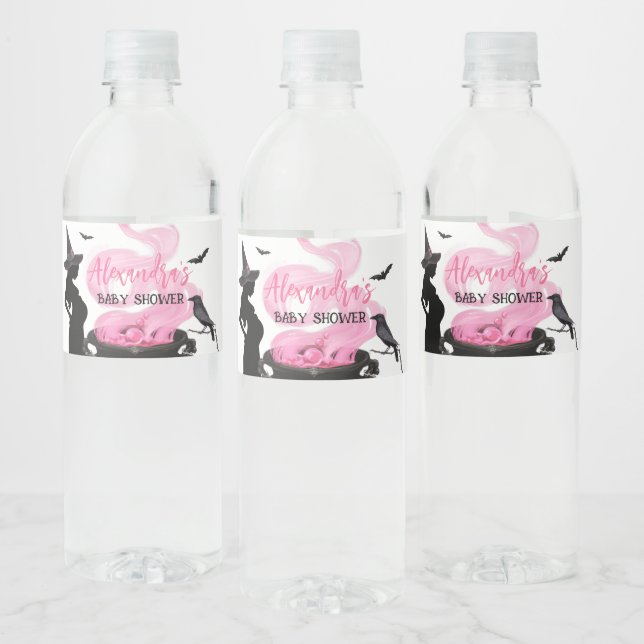 A Baby is Brewing Pink Witch Baby Shower Water Bottle Label (Bottles)
