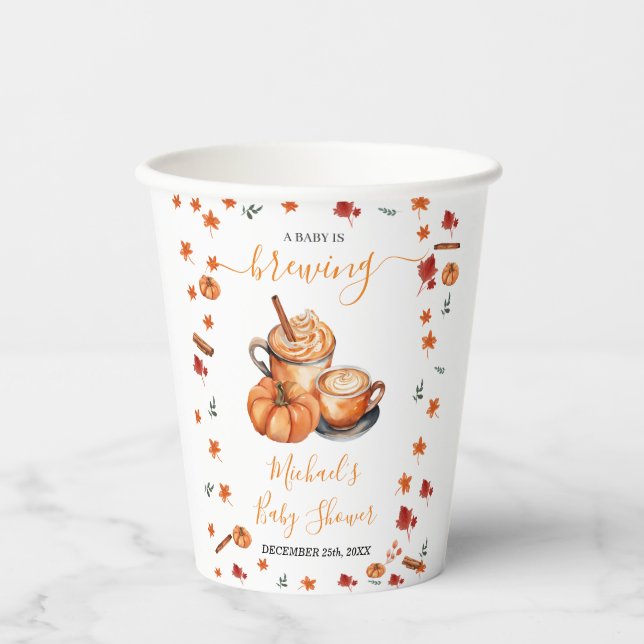 A Baby Is Brewing Pumpkin Spice Coffee Baby Shower Paper Cups (Front)
