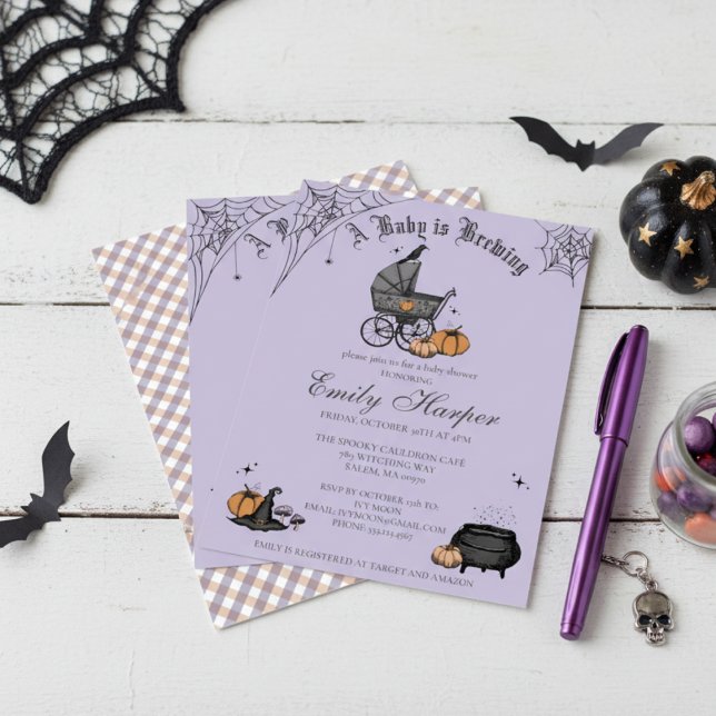 A Baby is Brewing Purple Baby Shower Invitation (Cute Gothic Halloween Baby Shower Purple Invitation. Spooky Vintage Baby Carriage, Raven, Pumpkins)