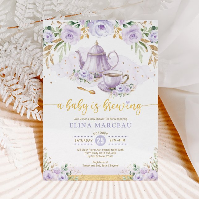 A Baby is Brewing Purple Flower Baby Shower Tea Invitation (Creator Uploaded)