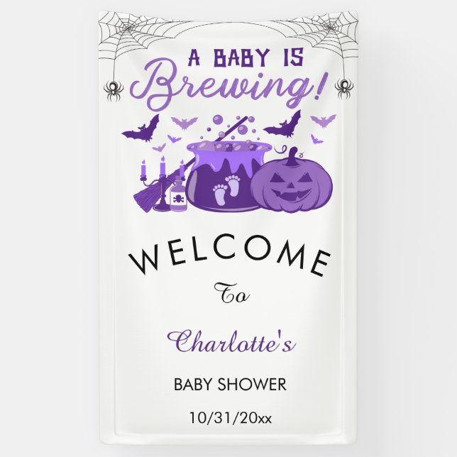 A Baby Is Brewing Purple Halloween Baby Shower Banner (Vertical)