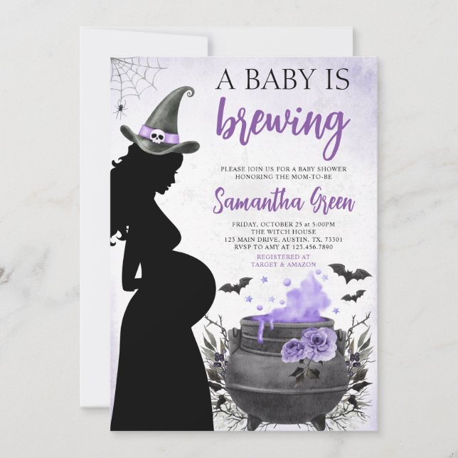 A Baby is Brewing Purple Halloween Baby Shower Invitation (Front)