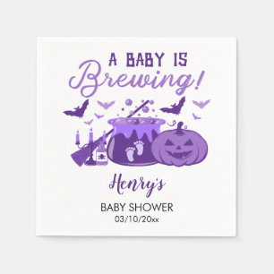A Baby Is Brewing Purple Halloween Baby Shower Napkin