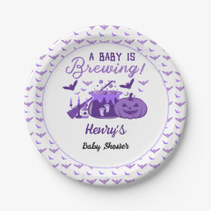 A Baby Is Brewing Purple Halloween Baby Shower Paper Plate