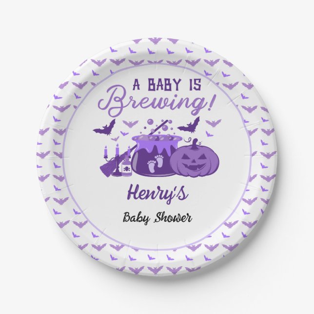 A Baby Is Brewing Purple Halloween Baby Shower Paper Plate (Front)
