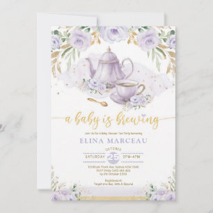 A Baby is Brewing Purple Tea Party Shower Invitation