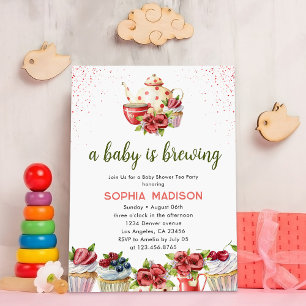 A Baby is Brewing Red Flowers Tea Baby Shower Invitation