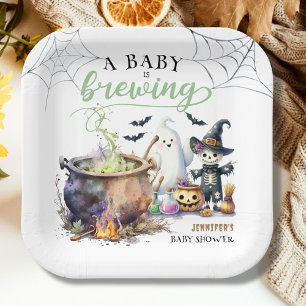 A Baby is Brewing Sage Green Halloween Baby Shower Paper Plate