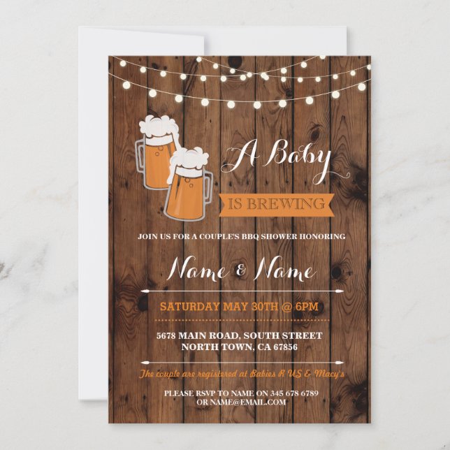 A Baby is Brewing Shower Beers BBQ Wood Invite (Front)