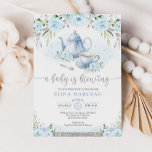 A Baby is Brewing Silver Blue Floral Tea Party Invitation<br><div class="desc">Tea party themed baby shower invite in blue and silver. Click the "customise further" button if you wish to re-arrange and format the style and placement of the text. Comes with a matching floral pattern backside.</div>