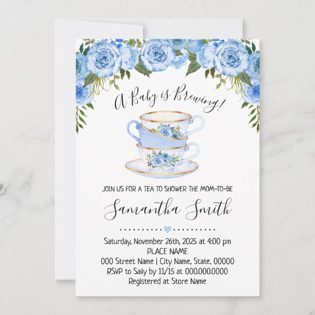 A Baby is brewing tea baby shower blue invitation (Front)