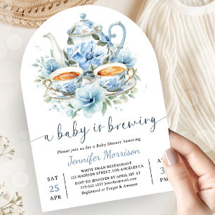 A Baby is Brewing Tea Baby Shower Boy Blue Arch Invitation