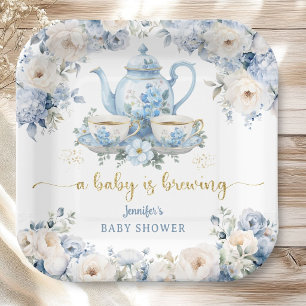 A Baby Is Brewing Tea Baby Shower Boy Blue Floral Paper Plate