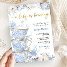 A Baby is Brewing Tea Baby Shower Boy Blue Gold 