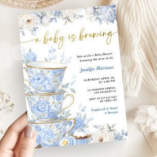 A Baby is Brewing Tea Baby Shower Boy Blue Gold Invitation