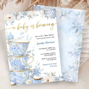 A Baby Is Brewing Tea Baby Shower Boy Blue Gold Invitation