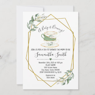 A Baby is brewing tea greenery shower invitation