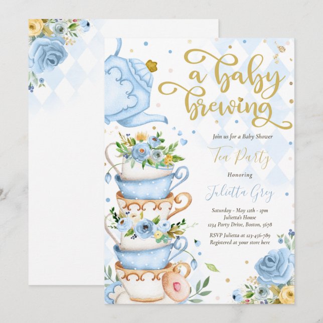 A Baby Is Brewing Tea Party Baby Shower Blue Roses Invitation (Front/Back)